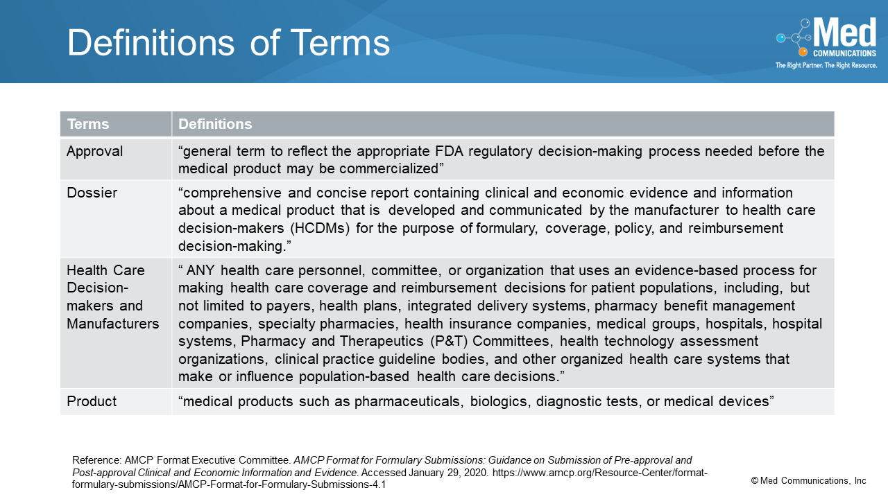 AMCP Format for Formulary Dossiers Series – Expanded Terms and Definitions